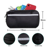 Load image into Gallery viewer, Black pouch with zipper, reflective strip, headphone plug, holding keys, cards, and a smartphone, showing dimensions 170mm by 90mm.