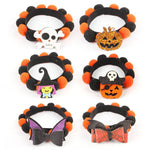 Load image into Gallery viewer, Halloween pet collars with orange and black fur balls featuring spooky pumpkin, skull, witch, and bat decorations for dogs and cats