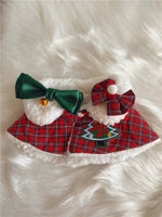 Load image into Gallery viewer, Christmas red plaid cat shawl cloak with white fur trim, bell, green bow, and festive hairpin accessory