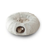 Load image into Gallery viewer, Foldable round plush cat tunnel nest with two cats, soft cozy winter kennel for small pets to rest and hide inside