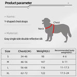 Load image into Gallery viewer, Diagram showing Y-shaped chest strap placement on dog and sizing chart for reflective pet harness vest