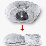 Load image into Gallery viewer, Foldable winter cat tunnel nest made of soft plush, easy to convert between round bed and tunnel for small pets.