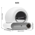 Load image into Gallery viewer, Smart self-cleaning cat litter box with app control, modern design, and dimensions labeled in inches and millimeters.
