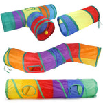 Load image into Gallery viewer, Foldable rainbow cat tunnel with three-way design and interactive hanging toy for playful cats and kittens