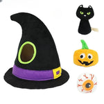 Load image into Gallery viewer, Black witch hat pet toy with hole and three Halloween themed squeaky plush toys for cats and dogs