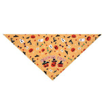 Load image into Gallery viewer, Orange Halloween pet bandana with pumpkin, ghost, bat, witch hat patterns and "Halloween Party" text design