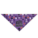 Load image into Gallery viewer, Purple Halloween pet bandana with ghosts, pumpkins, bats, skulls, and "Happy Halloween" text design