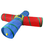 Load image into Gallery viewer, Rainbow-colored foldable cat tunnel with three connected tubes and a hanging ball for interactive pet play.
