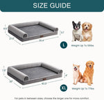 Load image into Gallery viewer, Size guide for orthopedic egg foam dog bed in grey showing dimensions for medium and large dogs with weight limits up to 77 lbs