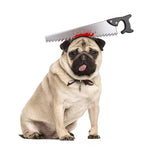 Load image into Gallery viewer, Pug dog wearing a Halloween headdress hat with a fake bloody saw prop for a funny pet costume.