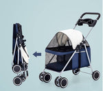 Load image into Gallery viewer, Lightweight folding pet stroller in navy and white with mesh sides and easy assembly shown folded and unfolded.