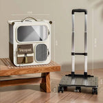 Load image into Gallery viewer, Detachable Cat Backpack and wheeled trolley base shown separately with dimensions, ideal for travel and car-safe pet transport.