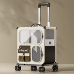 Load image into Gallery viewer, Portable Cat Backpack Trolley in beige and brown with breathable mesh panels, storage pockets, and rolling base for pet travel.