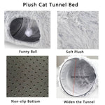 Load image into Gallery viewer, Foldable round plush cat tunnel bed with soft fabric, non-slip bottom, 26cm wide opening, and a hanging playful ball inside.