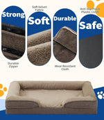 Load image into Gallery viewer, Large orthopedic dog sofa bed with soft velvet fabric, durable zipper, wear-resistant cloth, and anti-slip plastic cloth bottom.