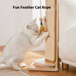 Load image into Gallery viewer, White cat scratching a durable corner cat scratch board with attached feather rope toy on wooden floor