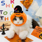 Load image into Gallery viewer, Cat wearing a Halloween pumpkin hat with a witch hat on top, surrounded by Halloween decorations and cards.