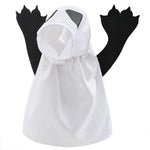 Load image into Gallery viewer, White Halloween ghost pet costume with black arms and mesh face covering for small dogs or cats.