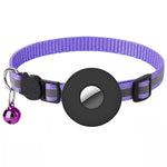 Load image into Gallery viewer, Adjustable purple reflective pet collar with bell and AirTag holder for cats and small dogs to prevent lost pets.