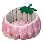 Load image into Gallery viewer, Soft pink plush pumpkin-shaped cat bed with green felt leaf decoration, cozy for small pets in fall and winter.