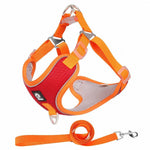 Load image into Gallery viewer, Adjustable orange and red mesh pet harness with reflective strips and matching leash for comfort and safety during walks