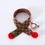 Load image into Gallery viewer, Knitted wool pet Christmas scarf with red and green plaid pattern and pom-poms for small and medium dogs and cats