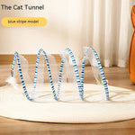 Load image into Gallery viewer, Blue striped foldable S type cat tunnel with mouse and feather toys for indoor and outdoor kitten playtime