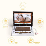Load image into Gallery viewer, Computer-shaped cat scratch board with corrugated cardboard, toy mouse, and paw print design for indoor cats.