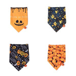 Load image into Gallery viewer, Set of four Halloween-themed pet bandanas with pumpkin, witch, spooky text, and pumpkin patch designs for dogs and cats.