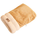 Load image into Gallery viewer, Beige semi-enclosed pet sleeping bag with velvet exterior and plush lambswool interior for cats and small dogs.
