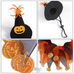 Load image into Gallery viewer, Black witch hat with orange spider and pumpkin, with adjustable strap, and matching black and orange collar with pumpkin details