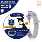 Load image into Gallery viewer, Gray flea and tick collar by POT N PET with "New" tag on the packaging, alongside a smiling black and white dog.
