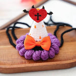 Load image into Gallery viewer, Cute Halloween pet wizard hat with orange bow, purple ruffles, and heart decoration for cats and small dogs cosplay