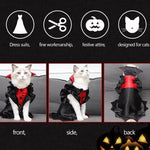 Load image into Gallery viewer, Cat wearing a black and red Halloween vampire costume with cape, shown from front, side, and back views on a couch.