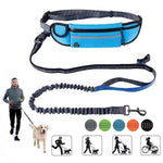 Load image into Gallery viewer, Blue hands-free dog leash set with waist belt, bungee leash, and icons showing various activities like running, biking, and walking with dogs.
