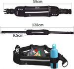 Load image into Gallery viewer, Measurement diagram of black hands-free dog leash with waist pack and leash dimensions, showing storage and adjustable fit.
