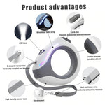 Load image into Gallery viewer, Ring-shaped retractable pet leash with LED lamp, breathing light, lock key, leather texture, and anti-collision strip features.