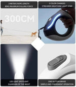 Load image into Gallery viewer, Retractable ring-shaped pet leash with 3-meter rope, LED light with color modes, and one-button brake for night safety.