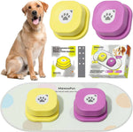 Load image into Gallery viewer, Yellow and purple talking buttons for pets with packaging, instruction manual, and mat, ideal for dog and cat communication training.