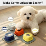 Load image into Gallery viewer, Dog pressing labeled talking buttons for food, water, and poop, showcasing pet communication training with voice recorder buttons.