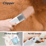 Load image into Gallery viewer, Close-up of clipper, paw trimmer, and nail grinder from the 7-in-1 pet vacuum grooming kit used on various pets.