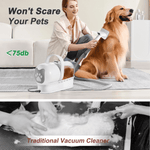 Load image into Gallery viewer, Comparison of 7-in-1 pet grooming vacuum kit vs traditional vacuum cleaner, highlighting quiet operation and pet-friendly design.