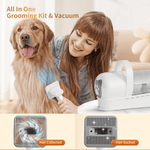 Load image into Gallery viewer, Woman grooming a golden retriever using the 7-in-1 pet hair vacuum & trimmer kit, showing hair collection and suction features.