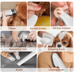 Load image into Gallery viewer, Close-up of 7-in-1 pet grooming vacuum kit tools including clipper, nail grinder, paw trimmer, deshedding tool, grooming brush, and nozzle.