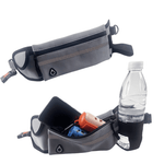 Load image into Gallery viewer, Gray hands-free dog leash waist bag shown open with storage items like phone, poop bags, and bottle, highlighting its utility.