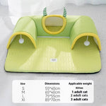 Load image into Gallery viewer, Breathable green cat tunnel bed with hanging toys for kittens and adult cats, multiple size options shown with dimensions.