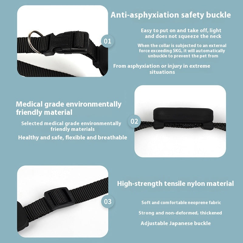 Black adjustable pet collar with anti-asphyxiation buckle made from medical grade, breathable nylon material for cats and dogs