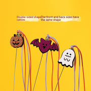 Three Halloween cat teaser wand toys with pumpkin, bat, and ghost designs with dangling ribbons and bells.