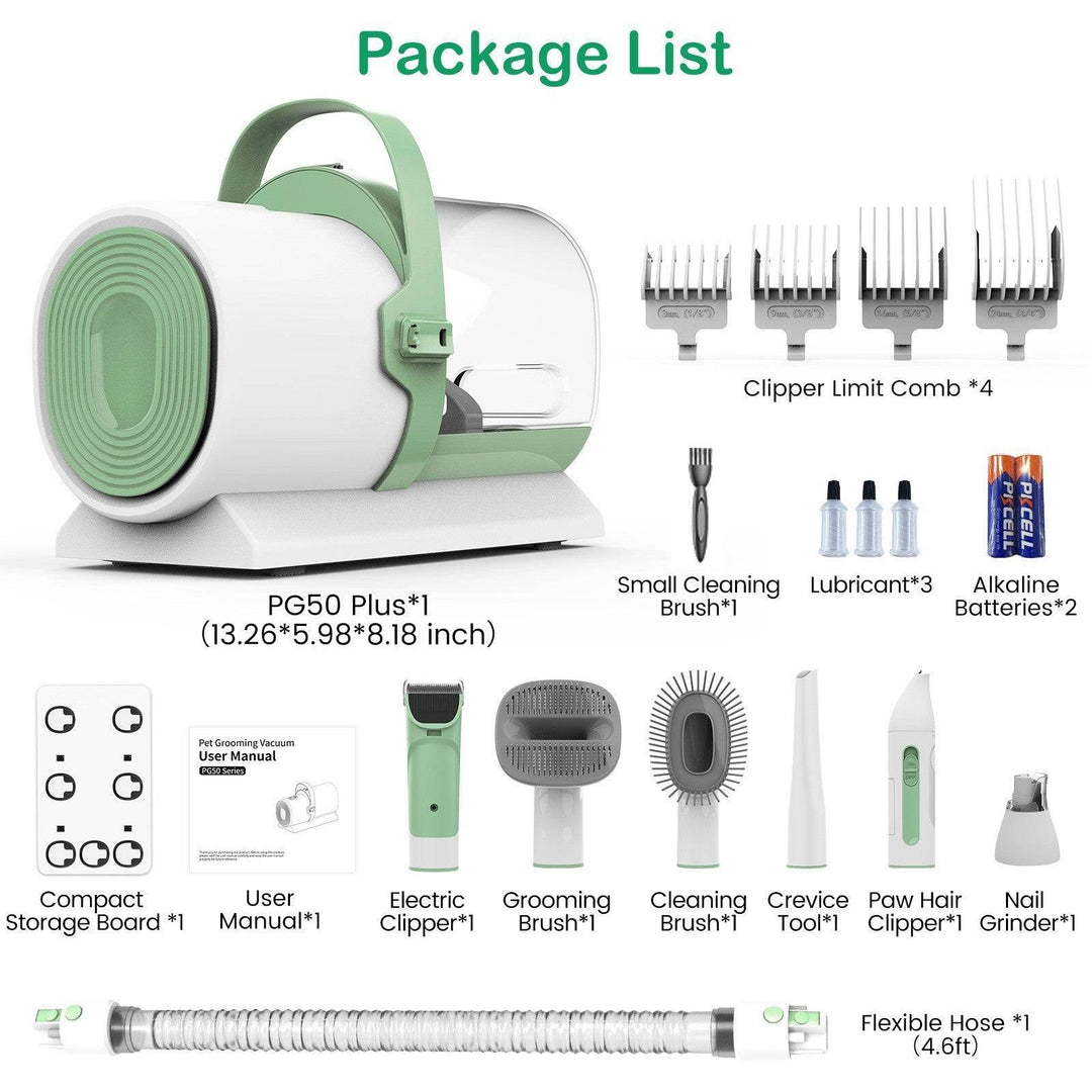 Complete 2-in-1 pet hair remover kit including vacuum, electric clipper, grooming tools, combs, batteries, and cleaning accessories