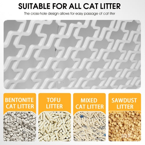 Close-up of cross-hole design in automatic cat litter box allowing easy passage for bentonite, tofu, mixed, and sawdust cat litter types